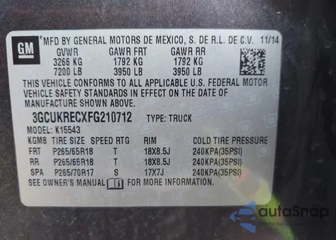 2015 Chevrolet Silverado 1500 2Lt z USA, uszkodzony, nr VIN 3GCUKRECXFG210712